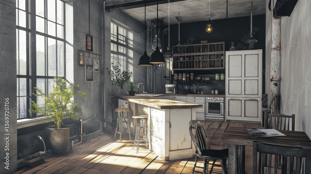 Industrial Style Kitchen Interior, Sunlight, Modern Design, Home Decor Industrial Style Kitchen Interior, Sunlight, Modern Design, Home Decor