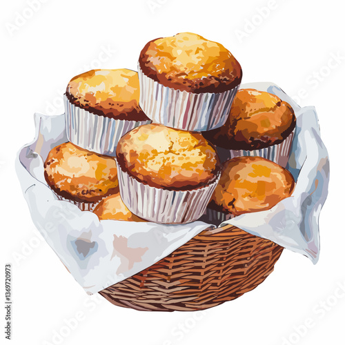 Watercolor Basket of Cornbread Muffins with Flowers