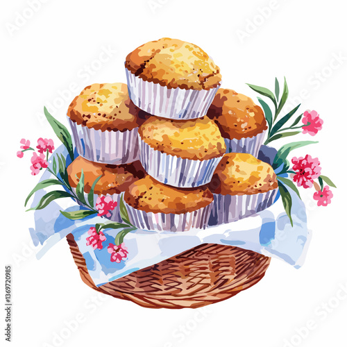 Watercolor Basket of Cornbread Muffins with Flowers