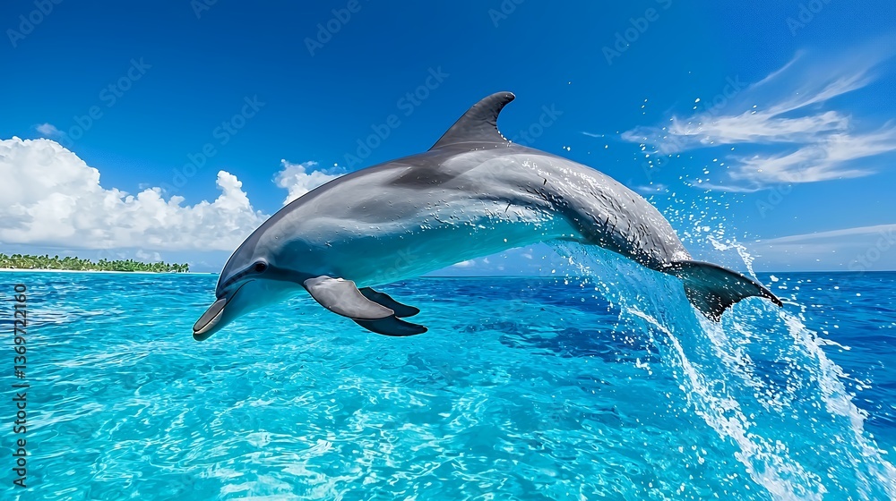 Fototapeta premium Dolphin Leaping in Turquoise Ocean Under Blue Sky