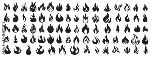 vector fire icon set featuring flaming campfires, fiery explosions, and abstract blazes. Perfect for hot energy designs, danger symbols, decorative elements, 
