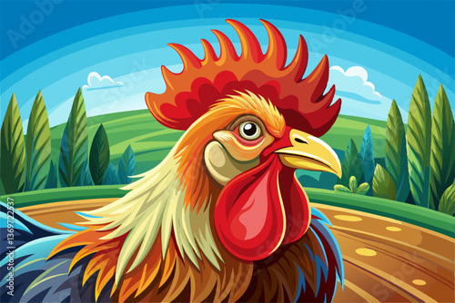 Proud Rooster standing in green field farm with beautiful sky and grass