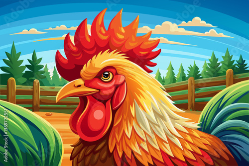 Proud Rooster standing in green field farm with beautiful sky and grass