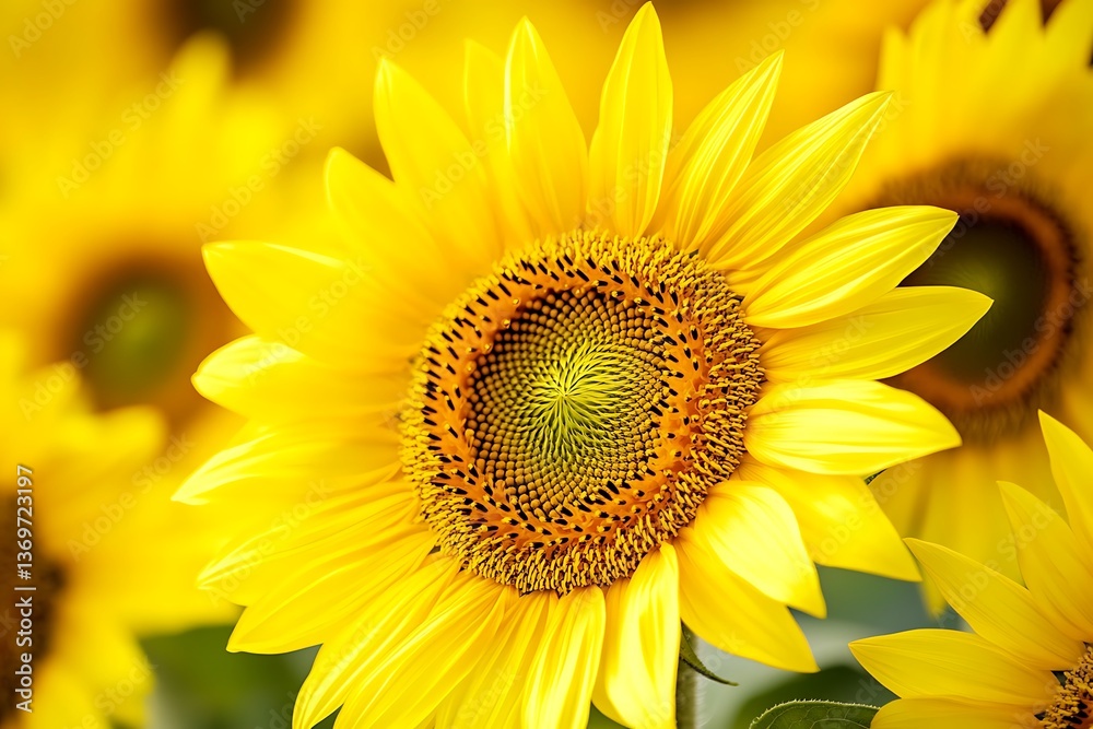 Vibrant sunflower close-up in a field of sunflowers, bright yellow petals and detailed center Vibrant sunflower close-up in a field of sunflowers, bright yellow petals and detailed center
