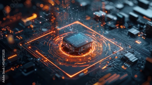 Futuristic CPU on circuit board, glowing orange, intricate design
