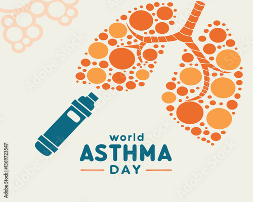 Abstract World Asthma Day design with stylized dotted lungs and a blue rescue inhaler for respiratory health awareness.