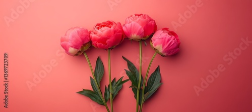 Four Vibrant Pink Peonies in Full Bloom on a Solid Coral Background, With Ample Copy Space