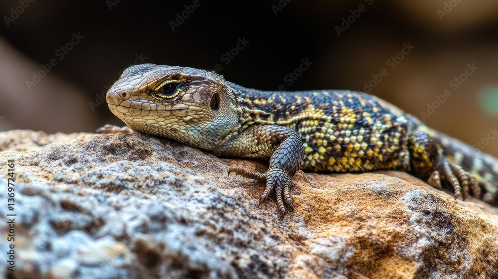 Fototapeta premium A colorful lizard resting on a textured rocky surface
