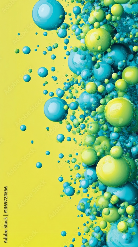 Abstract graphic design with vibrant teal and lime green spheres cascading against a yellow backdrop. Abstract graphic design with vibrant teal and lime green spheres cascading against a yellow backdrop.
