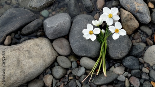 Delicate white flowers resting on smooth river stones, creating a serene natural scene.