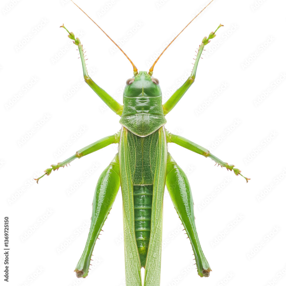 Close-up of a vibrant green grasshopper against a white background. Close-up of a vibrant green grasshopper against a white background.