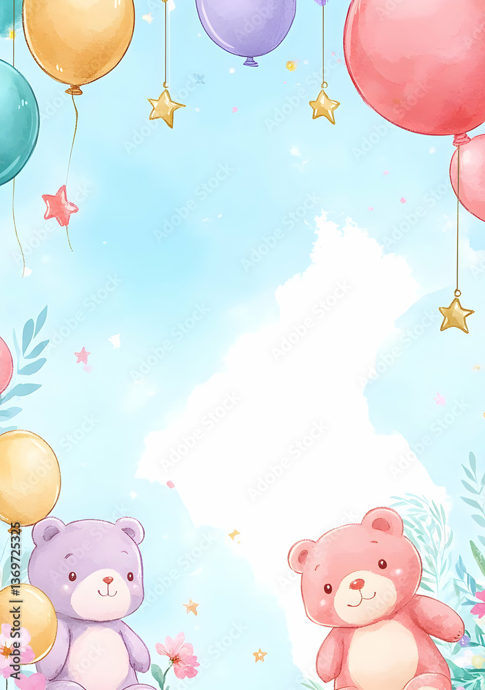 A colorful, whimsical illustration featuring cute bears and balloons, perfect for celebrations.