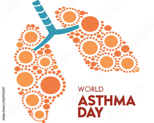 Abstract World Asthma Day design with stylized dotted lungs and a blue rescue inhaler for respiratory health awareness.