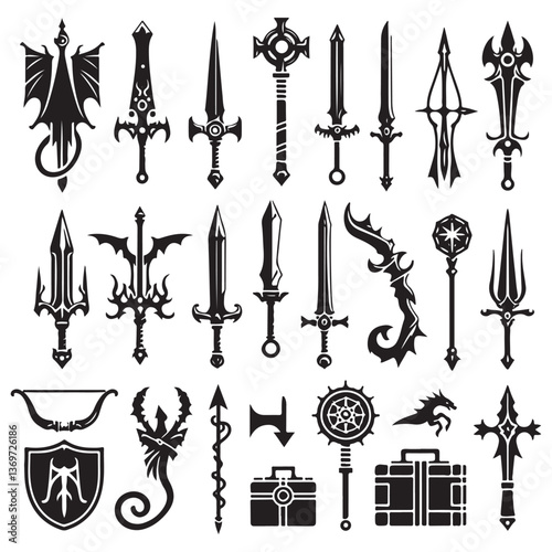 RPG weapon icon set, vector fantasy game sword collection, dungeon dragon battle attack object kit: magic sorcerer staff, warrior dagger, medieval bow, arrow, and character equipment vector 