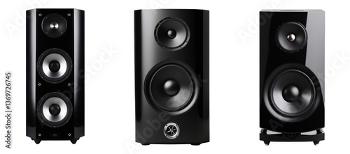 High-Quality black tower speakers' modern home audio system with powerful stereo sound with dual woofers, a sleek modern design, and metallic accents, isolated on a transparent background