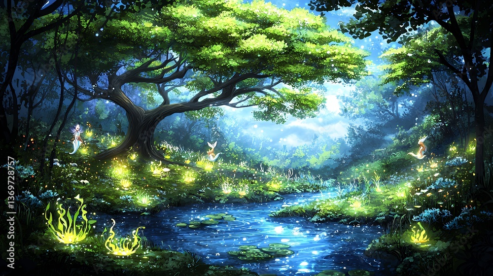 Fototapeta premium Luminous Night Forest Pixel Art of Tranquil Stream and Glowing Flora