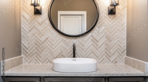 Modern beige herringbone tile bathroom vanity with round mirror