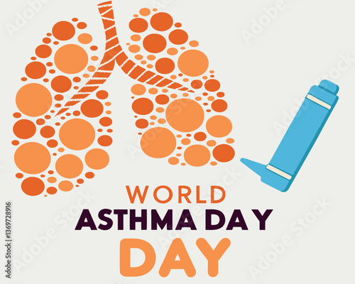 Abstract World Asthma Day design with stylized dotted lungs and a blue rescue inhaler for respiratory health awareness.