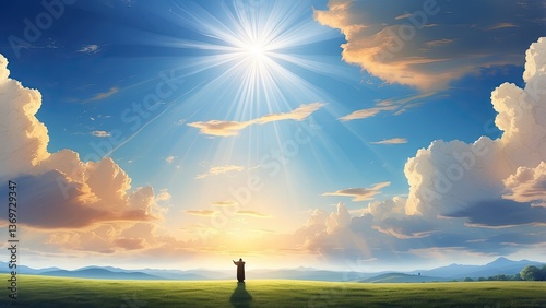 A vibrant blue sky filled with fluffy white clouds surrounds a glowing white cross, photo