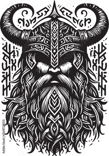 A detailed black and white vector of a Norse Viking warrior with a long beard, wearing a horned helmet, with intricate rune-like engravings