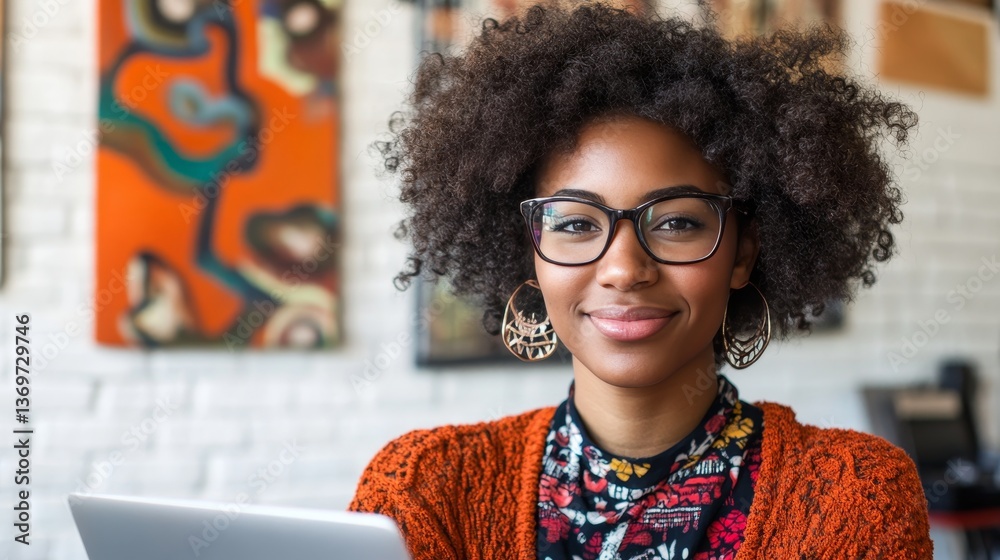 Confident Young Woman Working on Laptop in Modern Studio with Colorful Abstract Art Behind Her