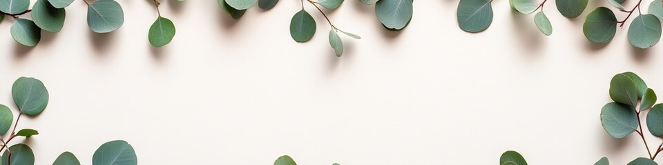 Eucalyptus branches border on pastel background with copy space top view flat lay, Styled image