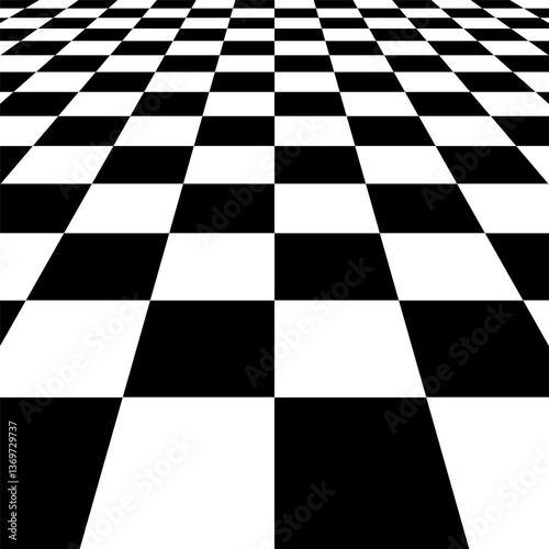Black and white checkerboard floor with extreme perspective optical illusion