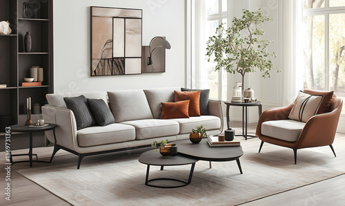 Modern Interior Minimalist Living Room with Wooden Flooring and Sunlit Space 3D Rendering