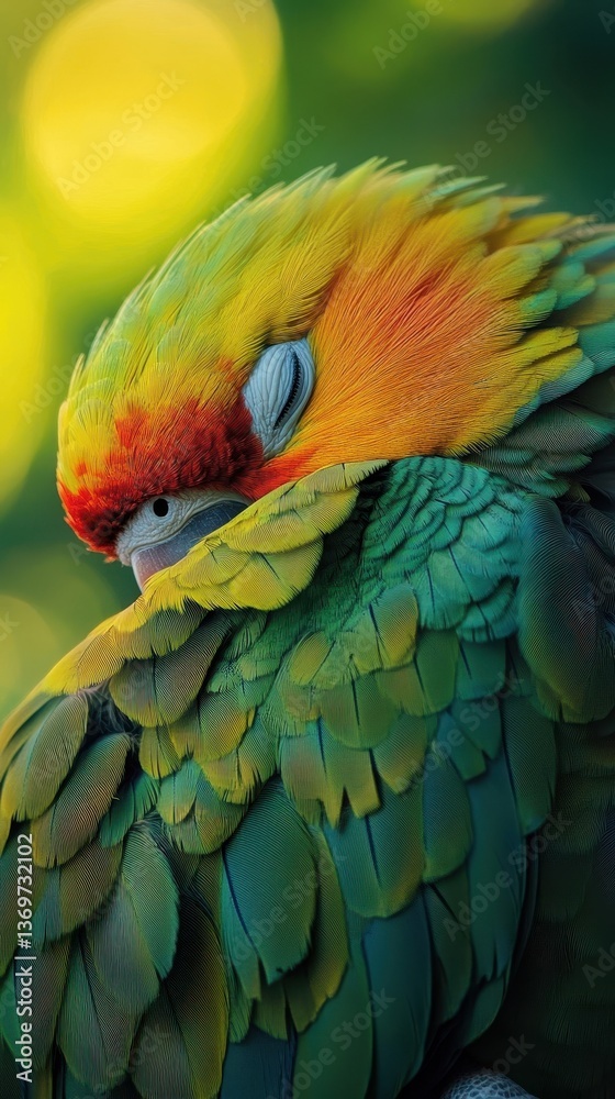 Obraz premium A vibrant colorful parrot is peacefully resting its head