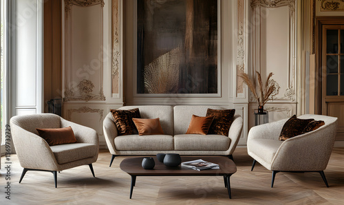 Modern Interior Minimalist Living Room with Wooden Flooring and Sunlit Space 3D Rendering