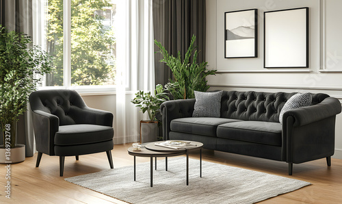 Modern Interior Minimalist Living Room with Wooden Flooring and Sunlit Space 3D Rendering