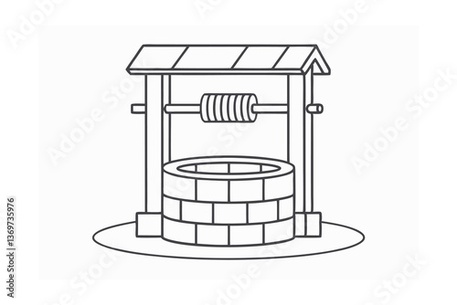 Traditional Well vector art Wooden Structure, Brick Well, Rope, Pulley