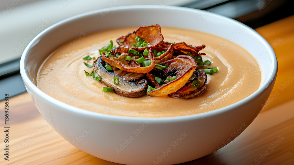 Creamy Mushroom Soup with Crispy Onions in a White Bowl Creamy Mushroom Soup with Crispy Onions in a White Bowl