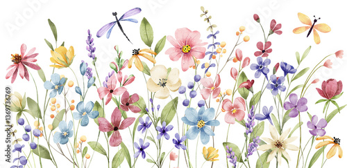 Watercolor wild flowers border banner for stationary, greetings, etc., floral decoration. Hand drawing.