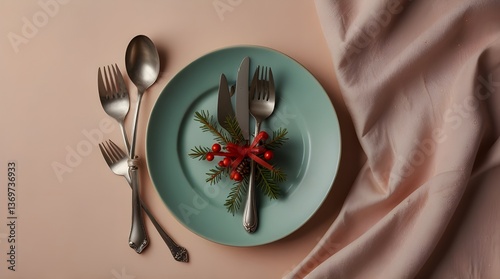 Top view of cutlery and empty plate surrounded by Christmas holiday decorations on flat pastel background. New Year's Eve Dinner. generative.ai