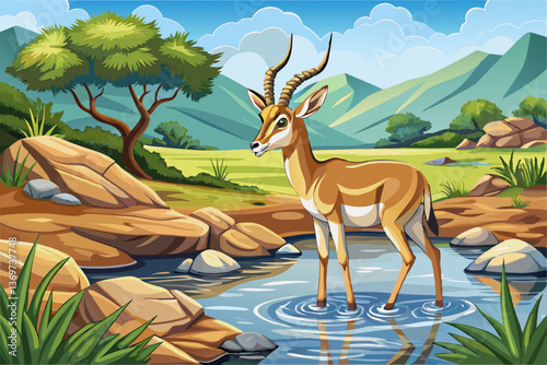 Gazelle in green hill field with beautiful sky and grass, Highly detailed vector illustration