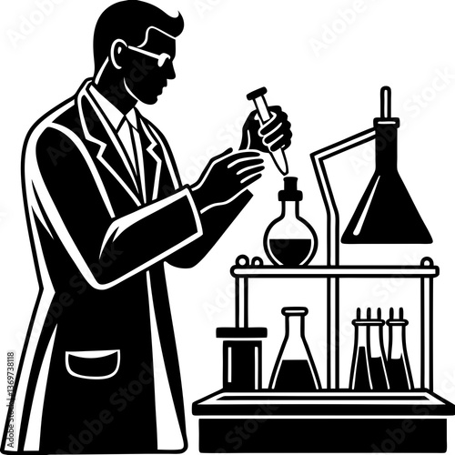 A silhouette of a chemist in a lab coat, holding a pipette and preparing a solution in a laboratory 