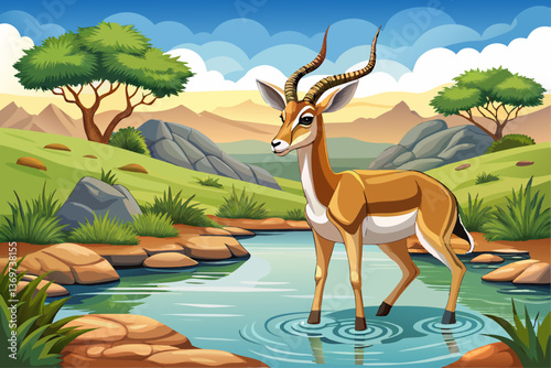 Gazelle in green hill field with beautiful sky and grass, Highly detailed vector illustration