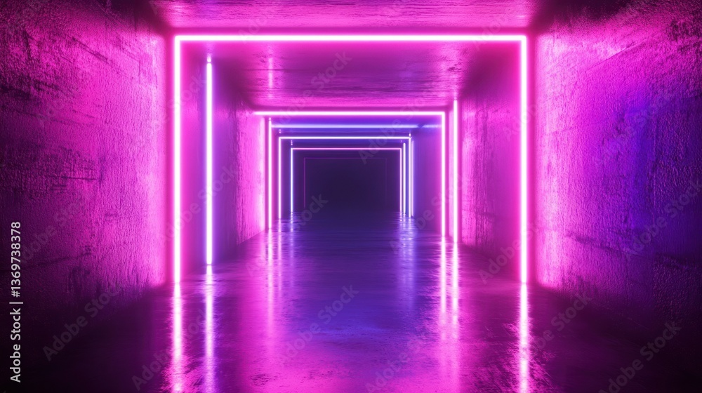 Neon lit square tunnel perspective, modern architecture design with neon glow. Neon lit square tunnel perspective, modern architecture design with neon glow.