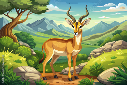 Gazelle in green hill field with beautiful sky and grass, Highly detailed vector illustration