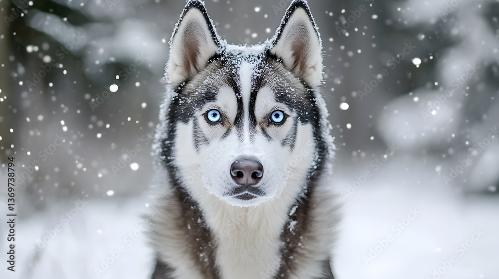 A husky with striking blue eyes standing in front of a snow-covered forest A husky with striking blue eyes standing in front of a snow-covered forest