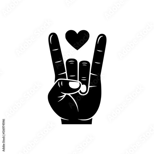Love and Rock Hand Gesture Icon, Black and white illustration of a hand making the rock-on gesture with a heart symbol above, symbolizing love and music.

