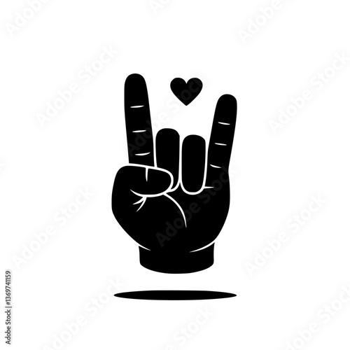 Love and Rock Hand Gesture Icon, Black and white illustration of a hand making the rock-on gesture with a heart symbol above, symbolizing love and music.

