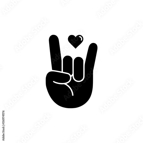 Love and Rock Hand Gesture Icon, Black and white illustration of a hand making the rock-on gesture with a heart symbol above, symbolizing love and music.

