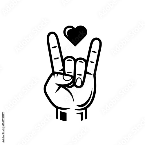 Love and Rock Hand Gesture Icon, Black and white illustration of a hand making the rock-on gesture with a heart symbol above, symbolizing love and music.

