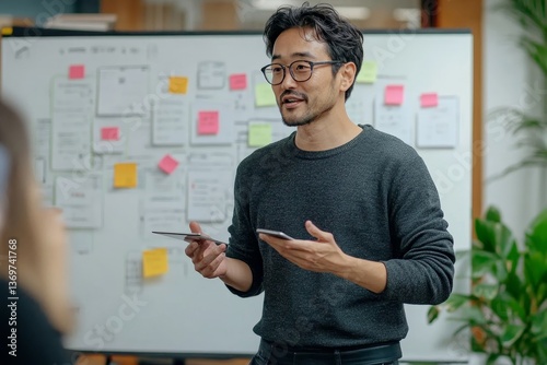 asian ux developer and ui designer presenting mobile app interface design on whiteboard in meeting at modern office.Creative digital development mobile app agency.digital