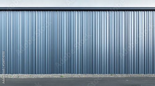 Vertical ribbed metal siding with white trim and asphalt ground. It's a clean background or texture for industrial themed designs.