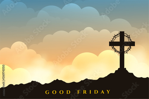 good friday cloudy background with cross on mountain