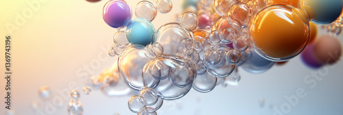 Colorful bubbles floating in a bright atmosphere, creating a mesmerizing visual effect with reflections and light interplay