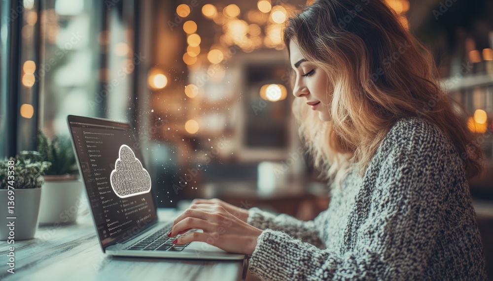 Woman working on laptop with cloud computing symbol on screen in cafe, focus on productivity.
